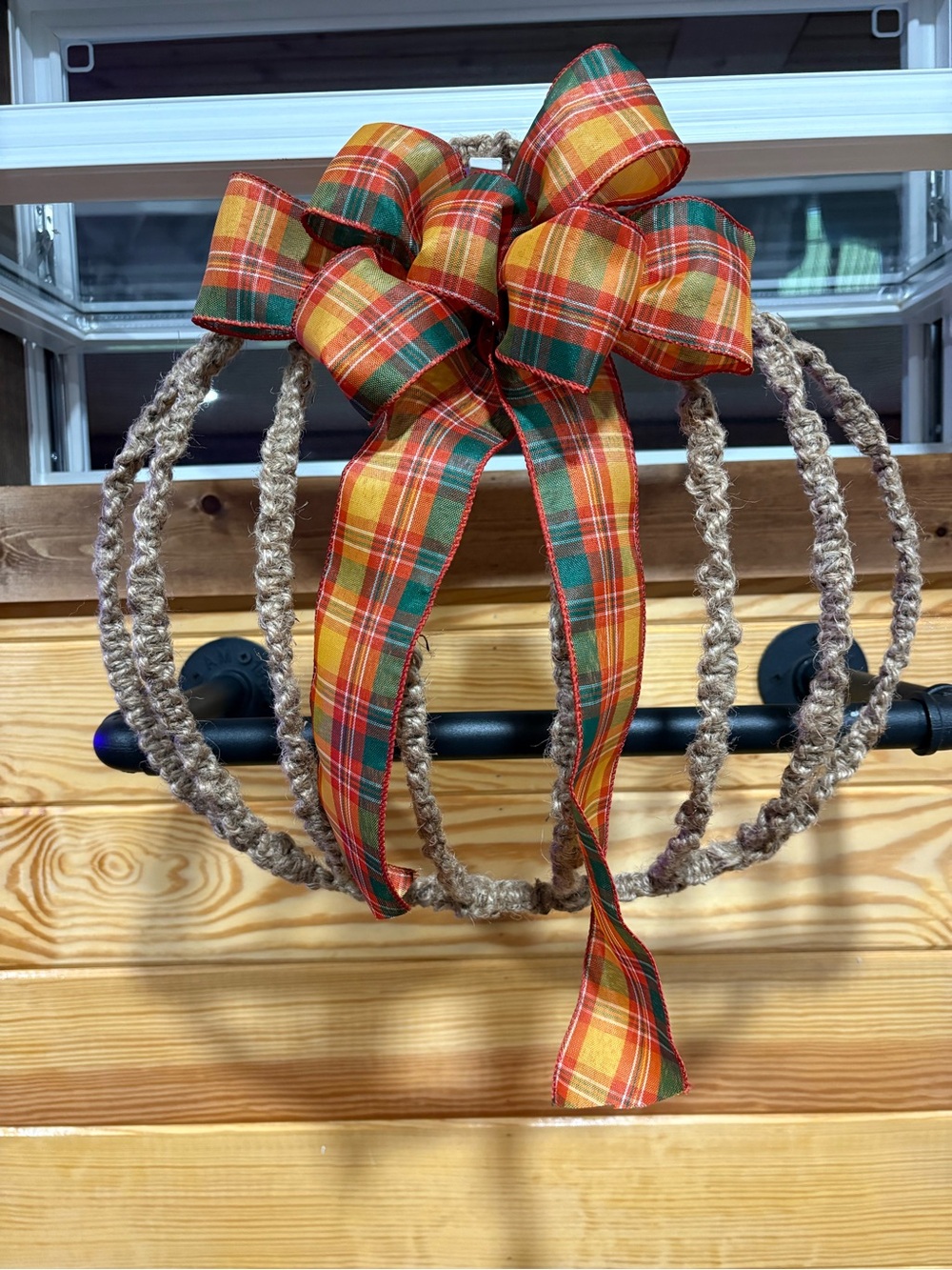 Rustic macrame Pumpkin Wreath with Plaid Bow - Home Holiday Decor
